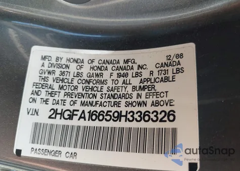 2009 Honda Civic Lx-S from USA, damaged, VIN 2HGFA16659H336326